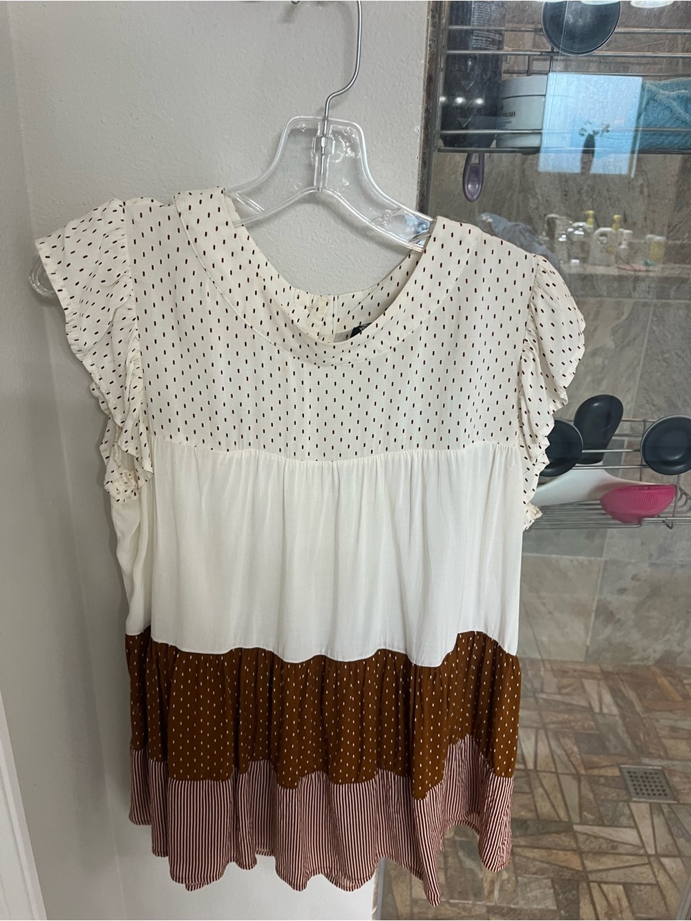 Versona Ivory, Brown & Tan Tiered Polka Dotw Flutter Sleeve Tunic